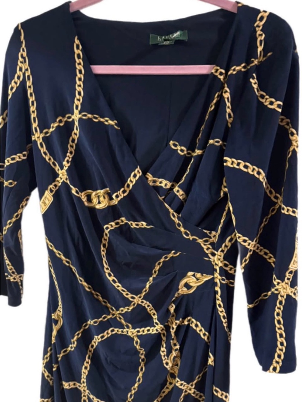 Lauren Ralph Lauren Navy and Gold Chain-Print Long Sleeve Wrap Dress